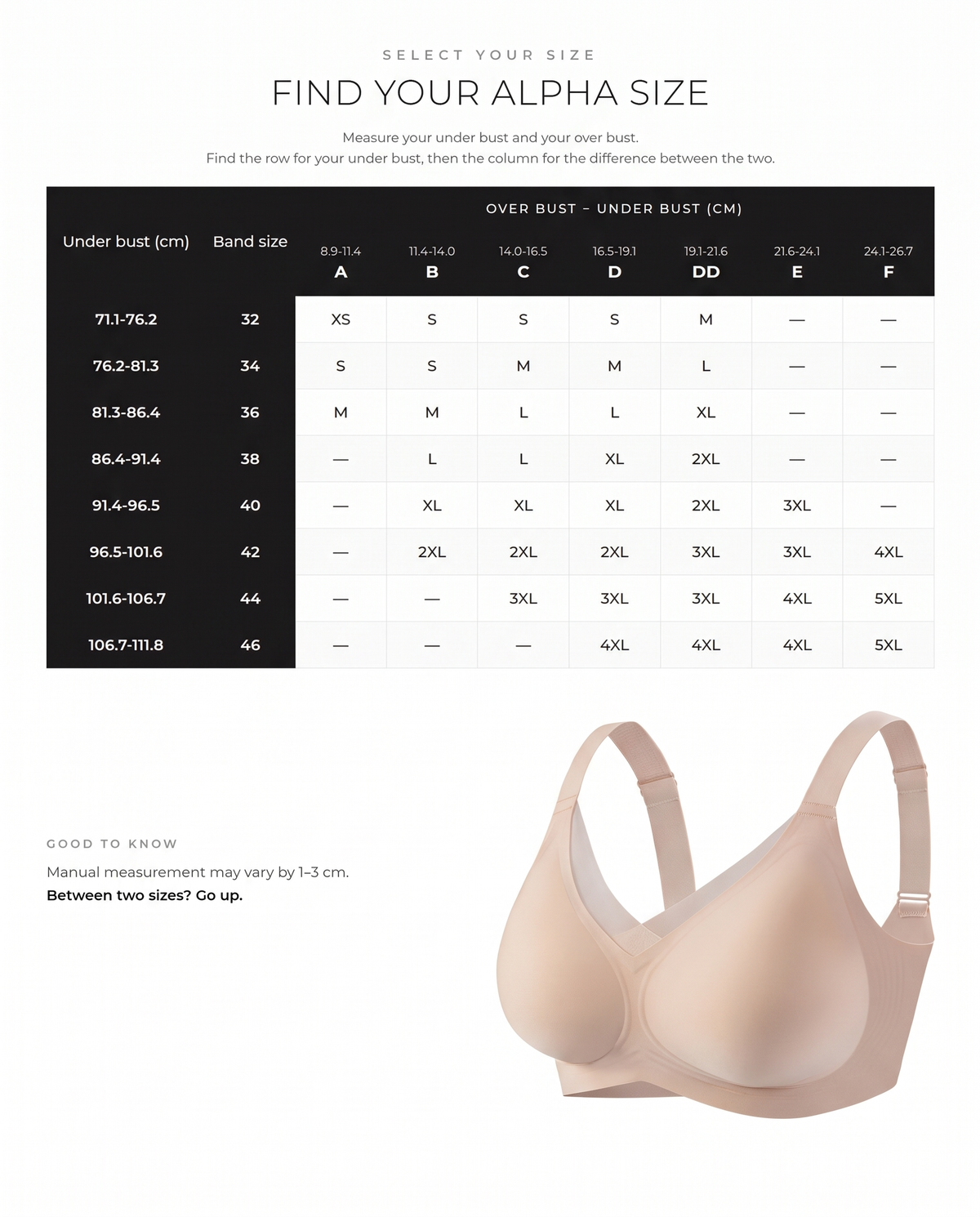 Women’s Wireless V-Mesh Support Bralette - FirmaBreeze size guide