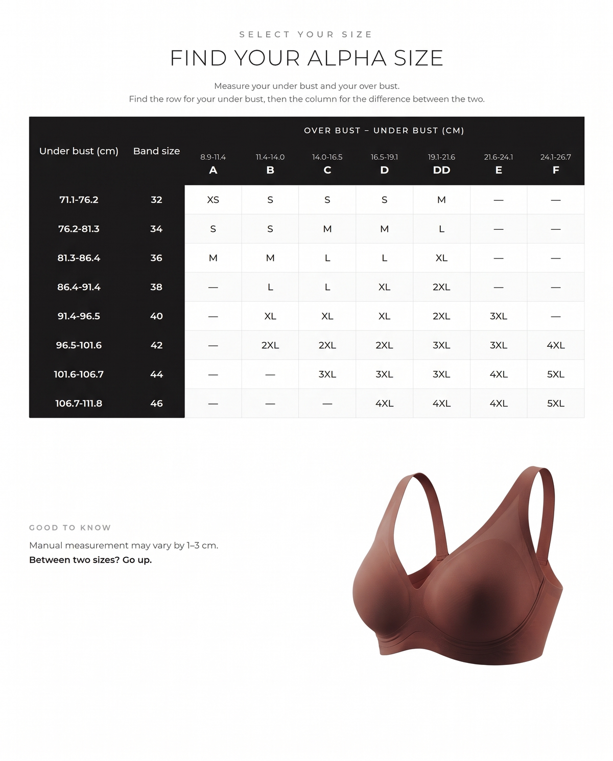 Supportive Wireless Deep-V Lift Bra - FirmaLift size guide