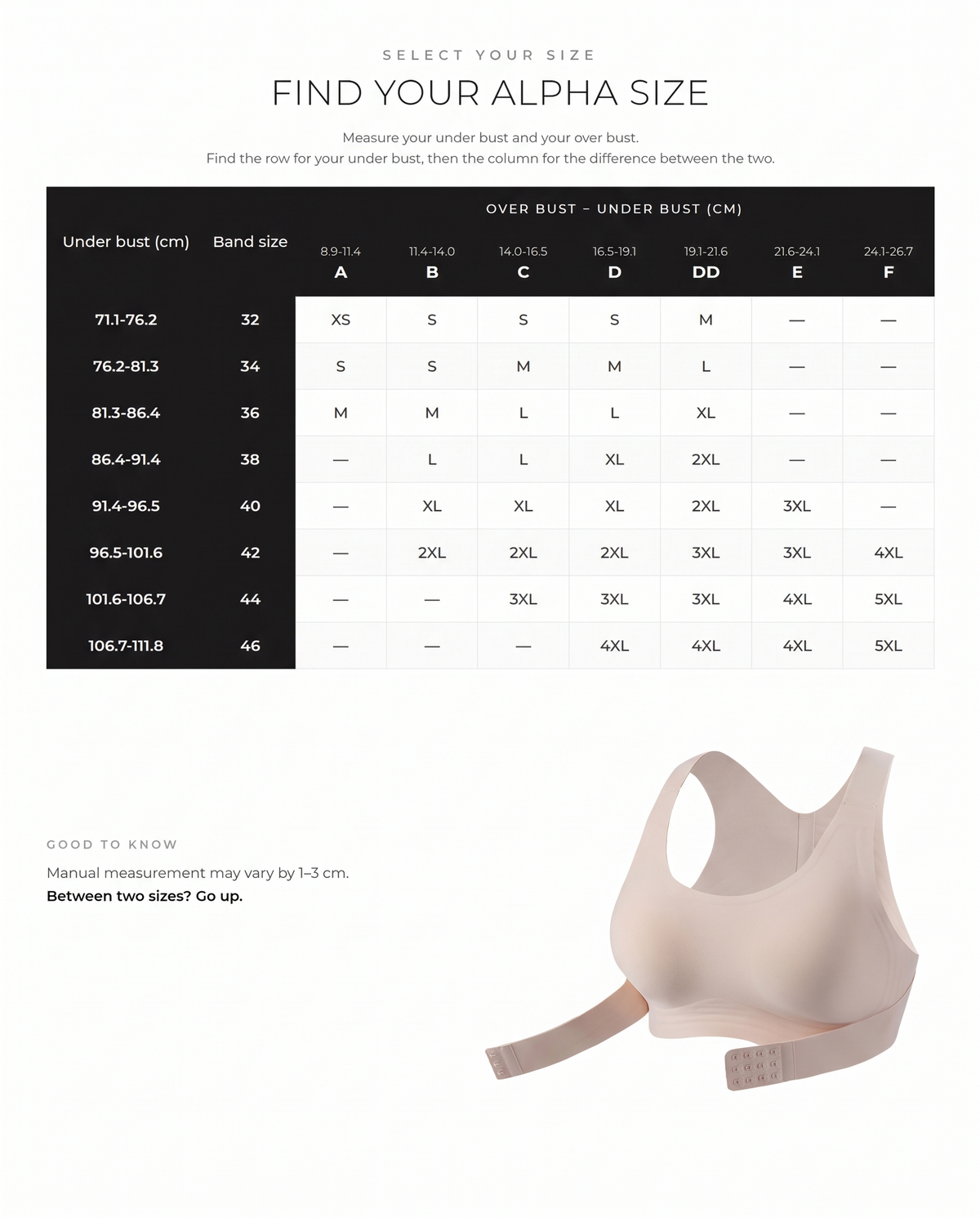 Front Closure Wireless Posture Bra with Cross Back - FirmaPosture size guide
