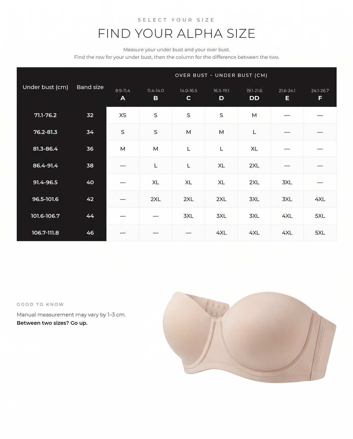 Strapless Wireless Padded Bandeau Bra - FirmaHold size guide