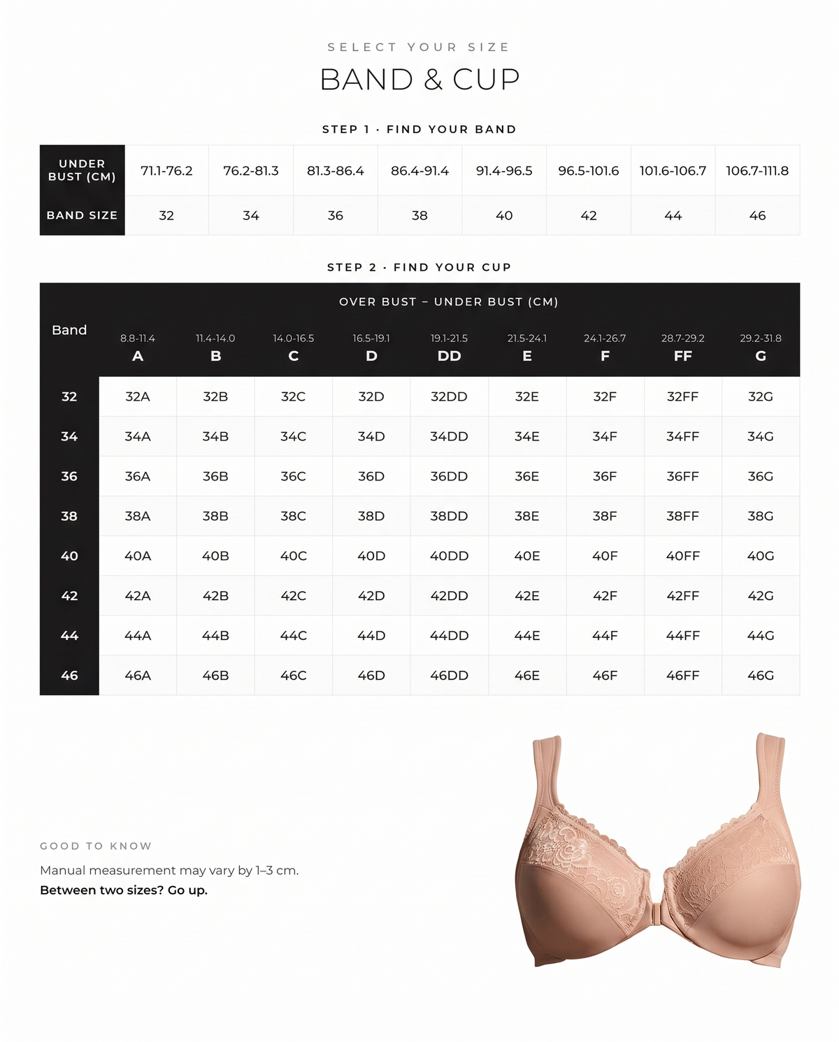 Front-Closure Lace Underwire Support Bra - FirmaLace size guide