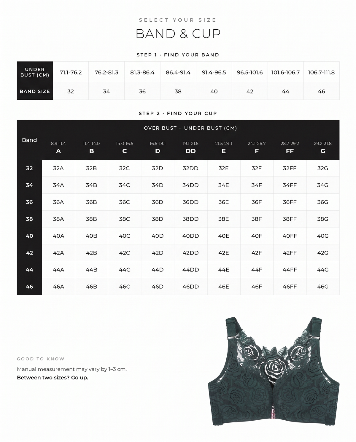 Rose Embroidery Front Closure Bra - FirmaLace size guide