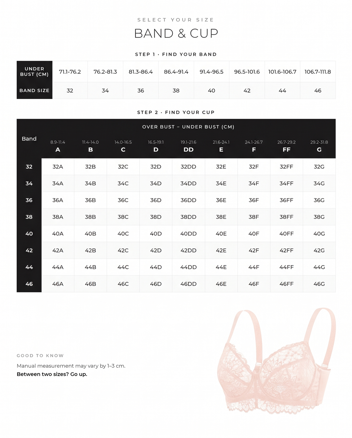 Ultra-Light Lace Underwire Push-Up Bra - FirmaLace size guide