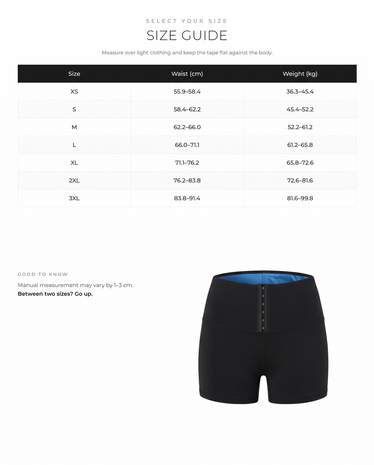 High Rise Neoprene Waist Trainer Shorts with 3 Row Hooks - FirmaControl size chart