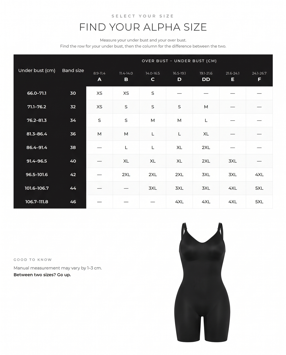 Mid-Thigh Shapewear Bodysuit with Built-In Bra - FirmaSculpt size chart