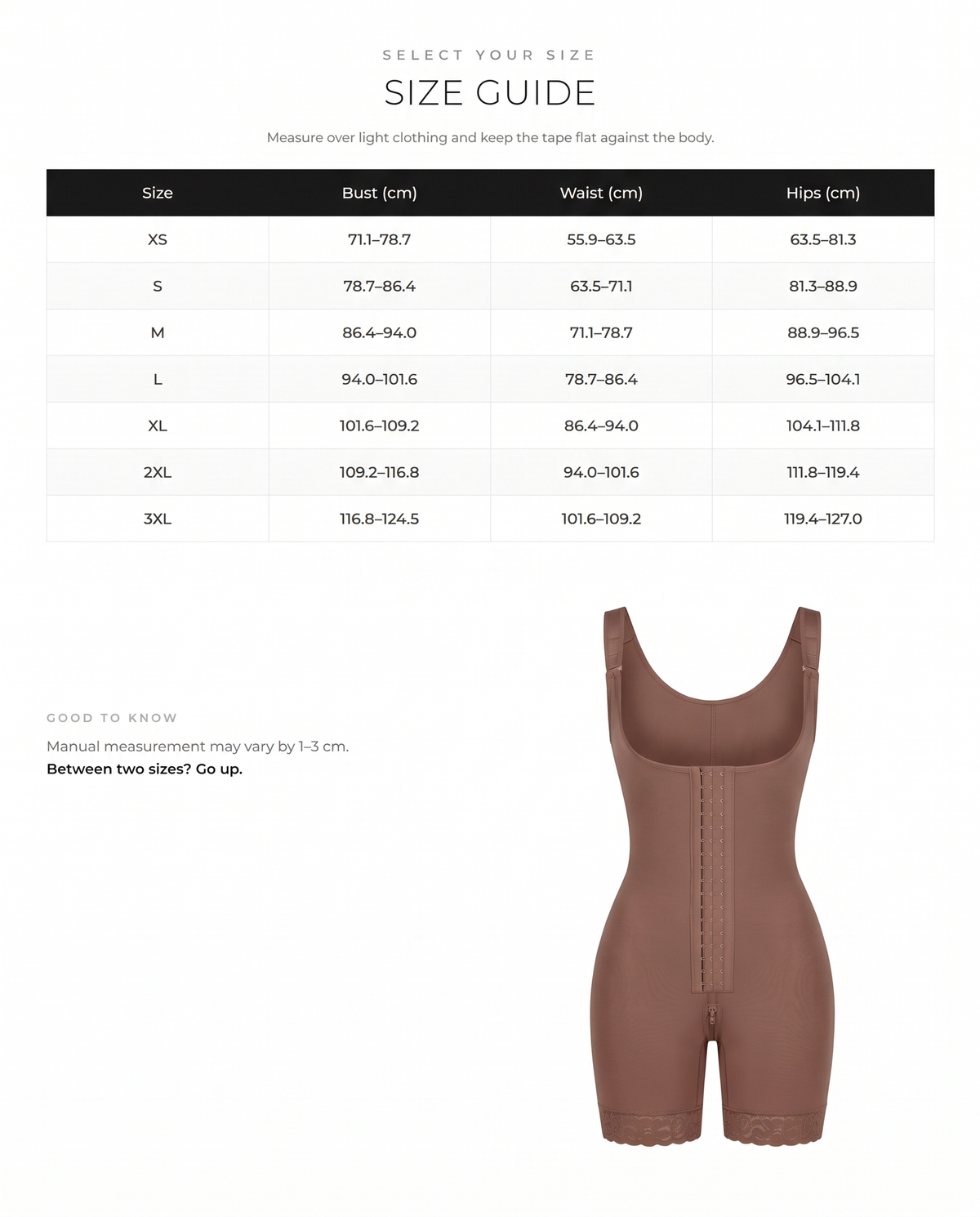 U-Shaped Bust Support Waist Shaping Butt Lift Body Shaper - FirmaSculpt size chart