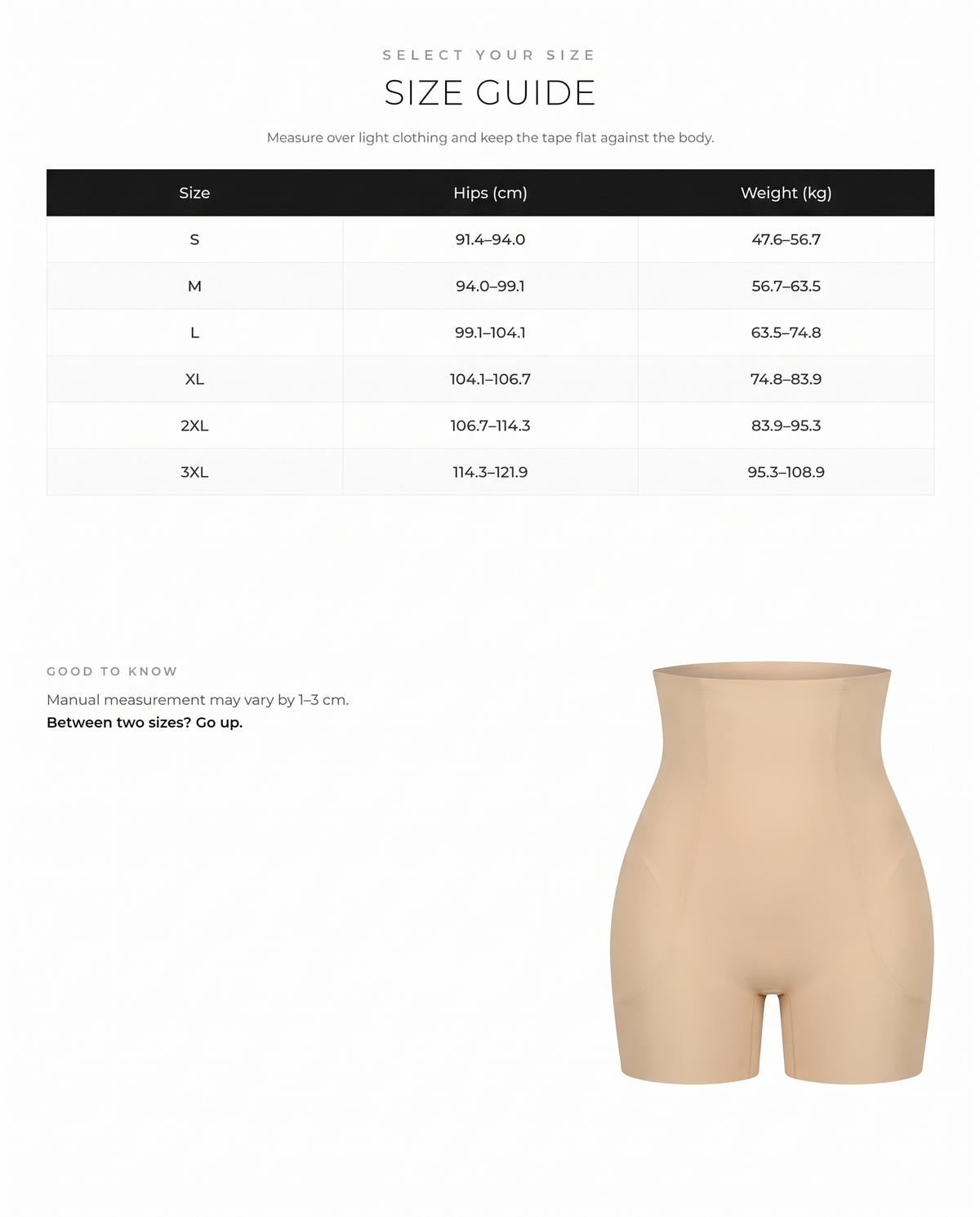 High Waisted Air Slim Butt Lifter with Removable Hip Pads - FirmaLift size chart