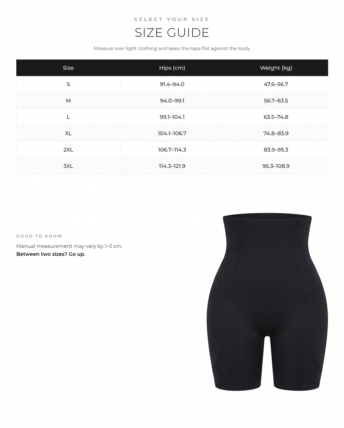 High-Waist Tummy Control Butt Lifter with Removable Hip Pads - FirmaSculpt size chart