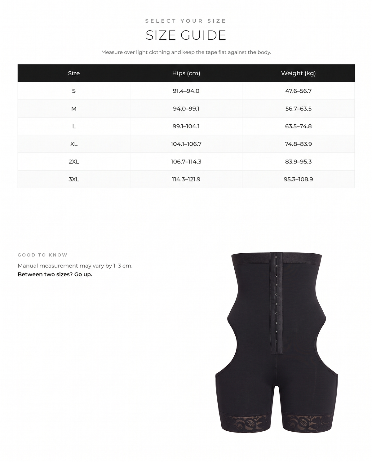 High Waist Open Butt Shapewear Shorts with Front Hooks - FirmaLift size chart