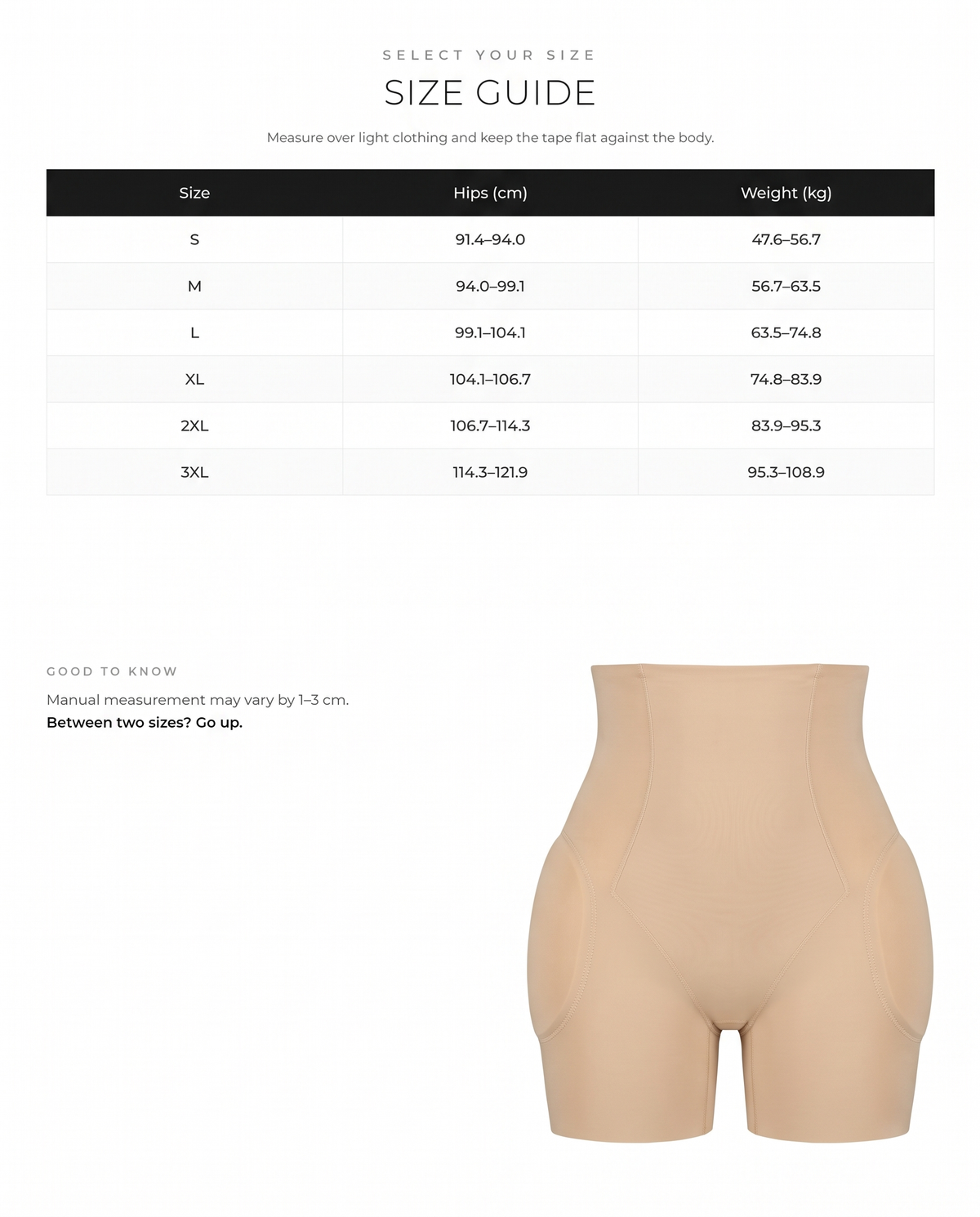 High Waist Air Slim Butt Lifter with Removable Pads - FirmaActive size chart
