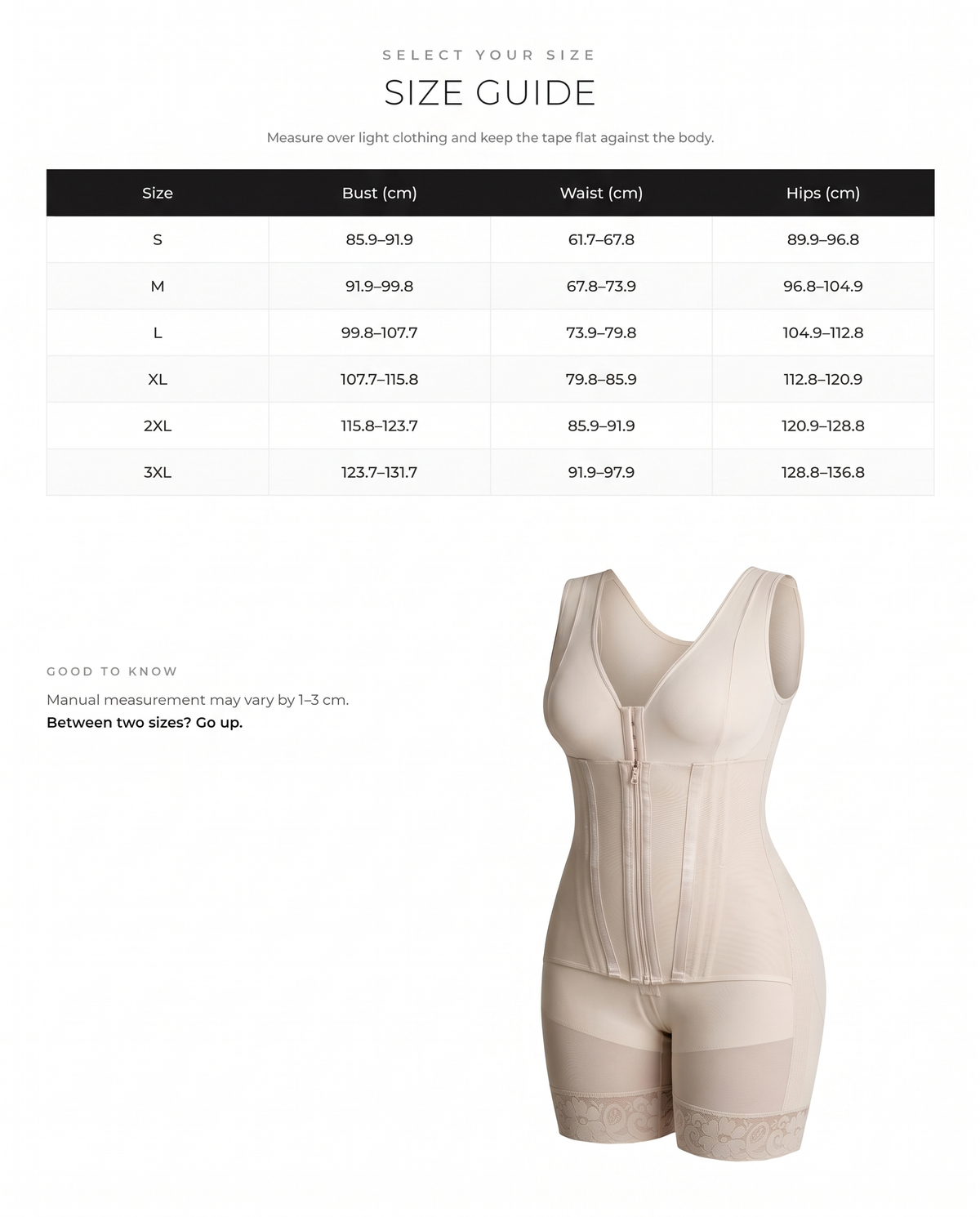 Double-Control Zip-Up Shaping Bodysuit - FirmaSculpt size chart