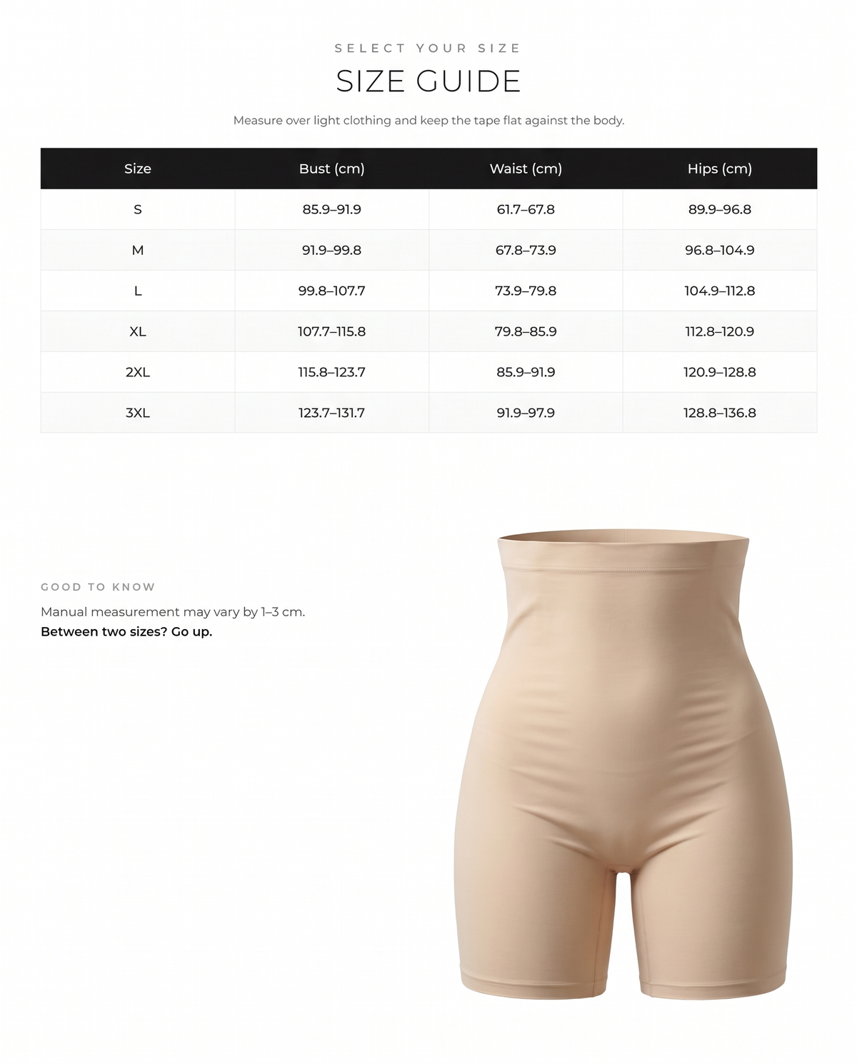 High-Waist Tummy Control Shapewear Shorts - FirmaControl size chart