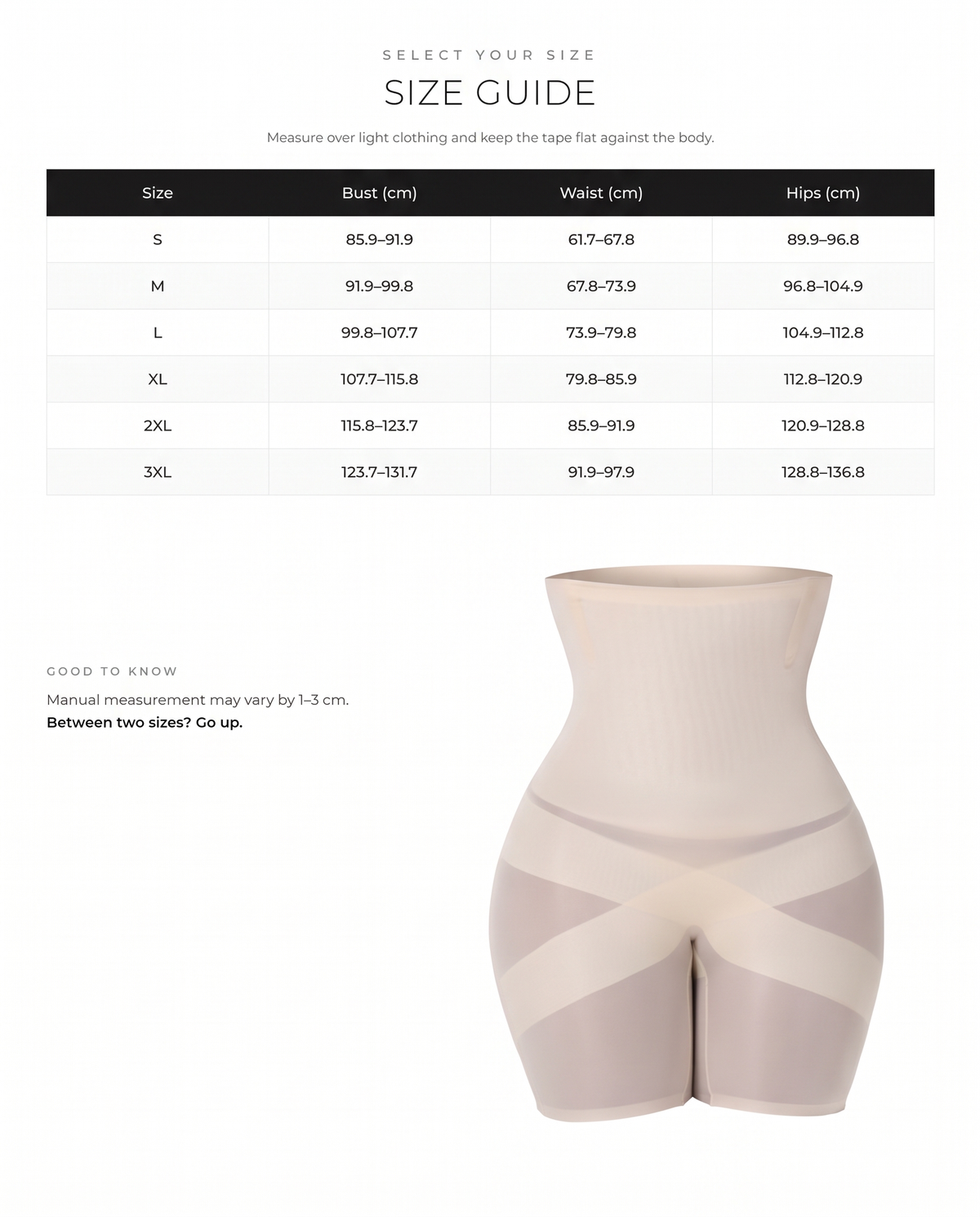 High-Waist Cross Compression Shaping Shorts - FirmaControl size chart