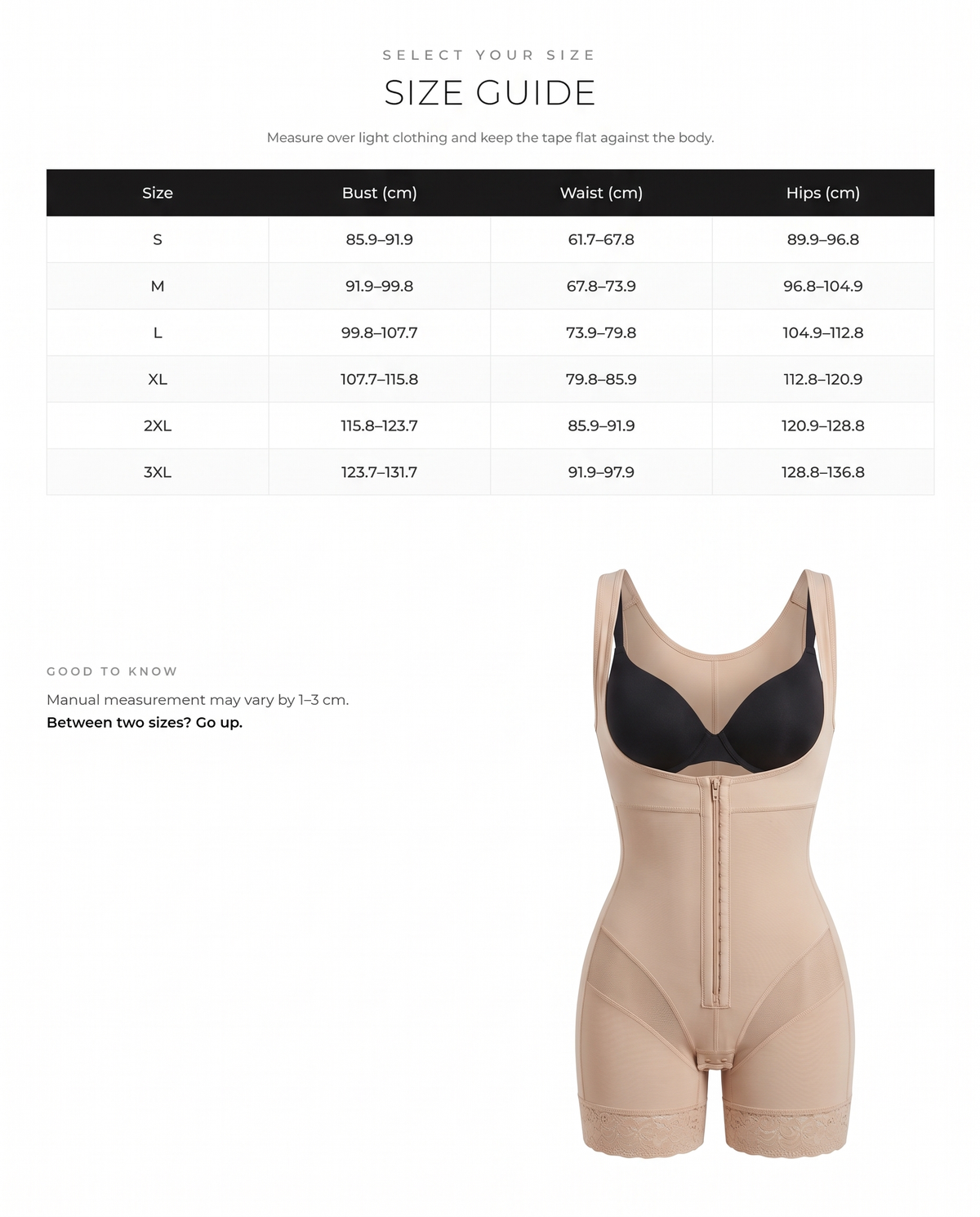 Power Mesh Open-Bust Full Body Shaper - FirmaSculpt size chart
