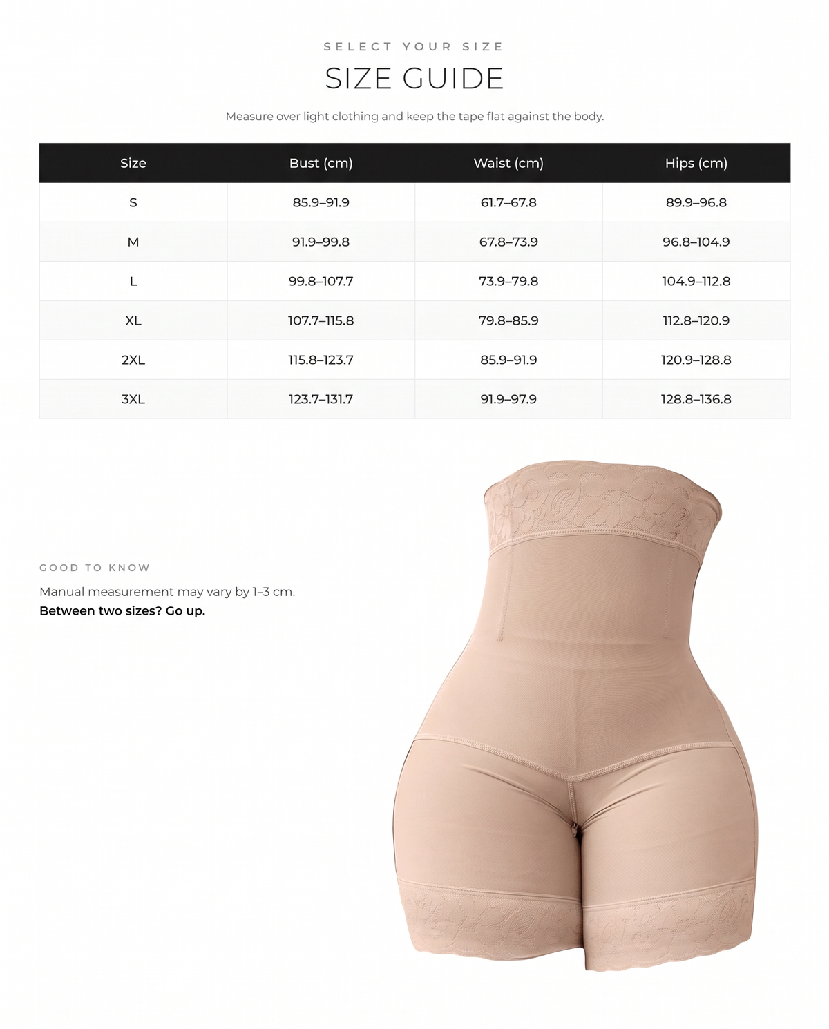 Butt-Lifting Tummy Control Shapewear Shorts - FirmaControl size chart