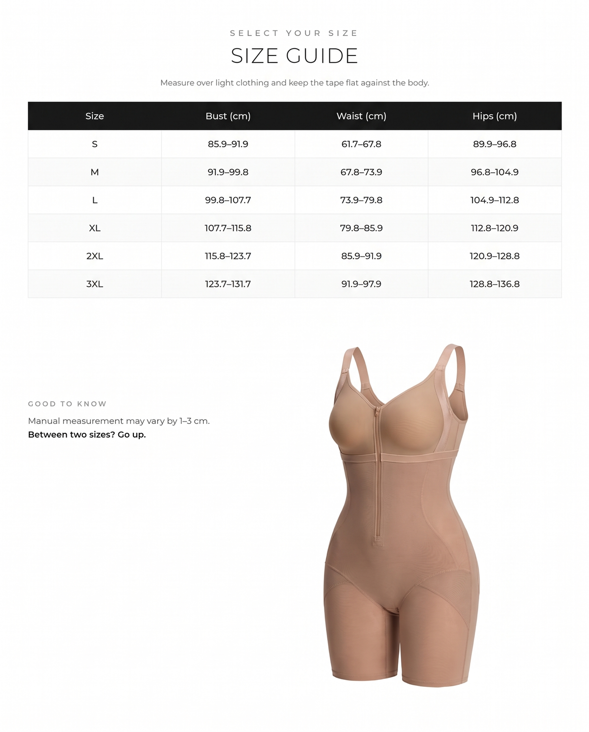 4-in-1 Hourglass Sculpting Bodysuit - FirmaSculpt size chart