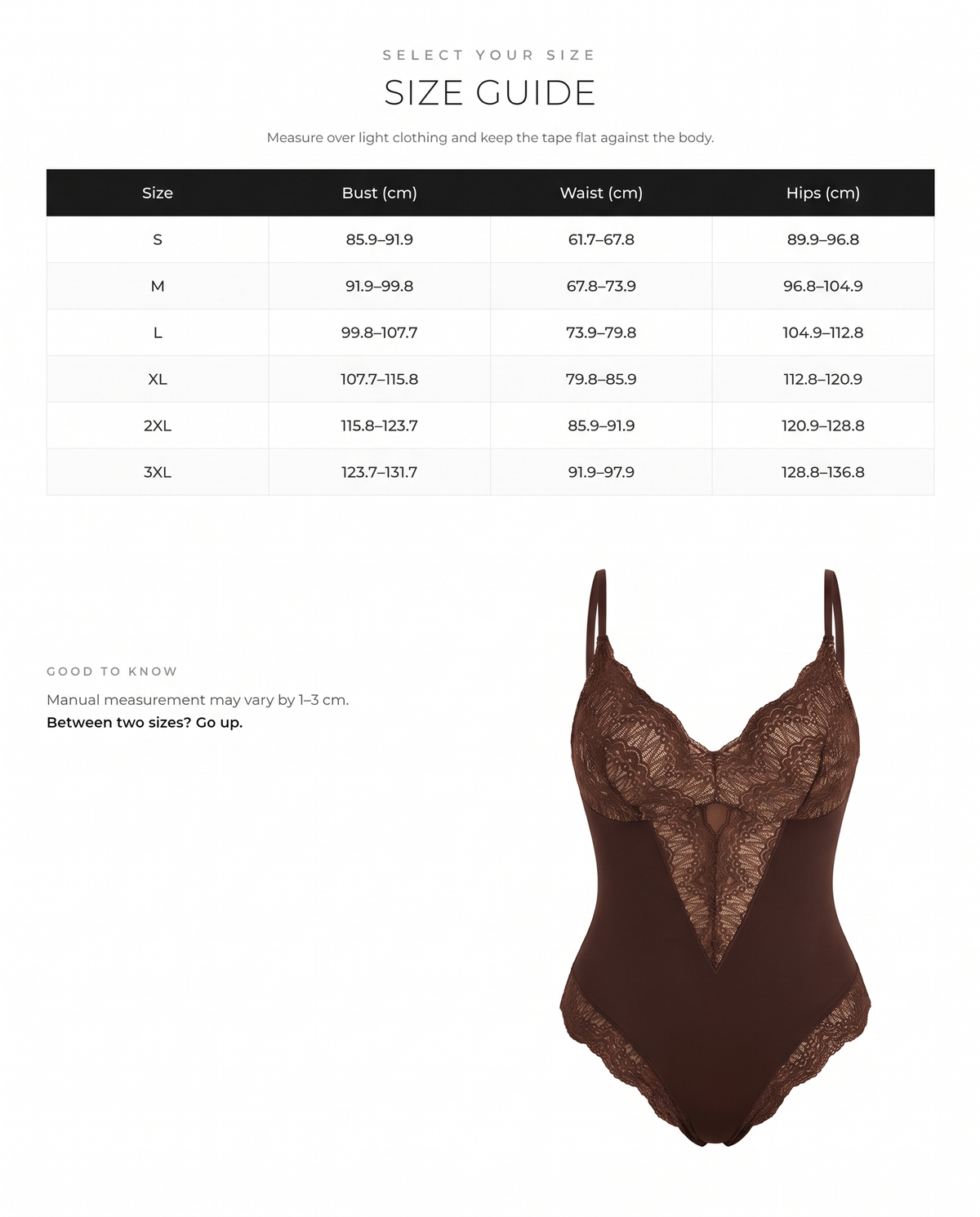 Sexy Ultra-versatile Lace Bodysuit with Tummy Control - FirmaLace size chart