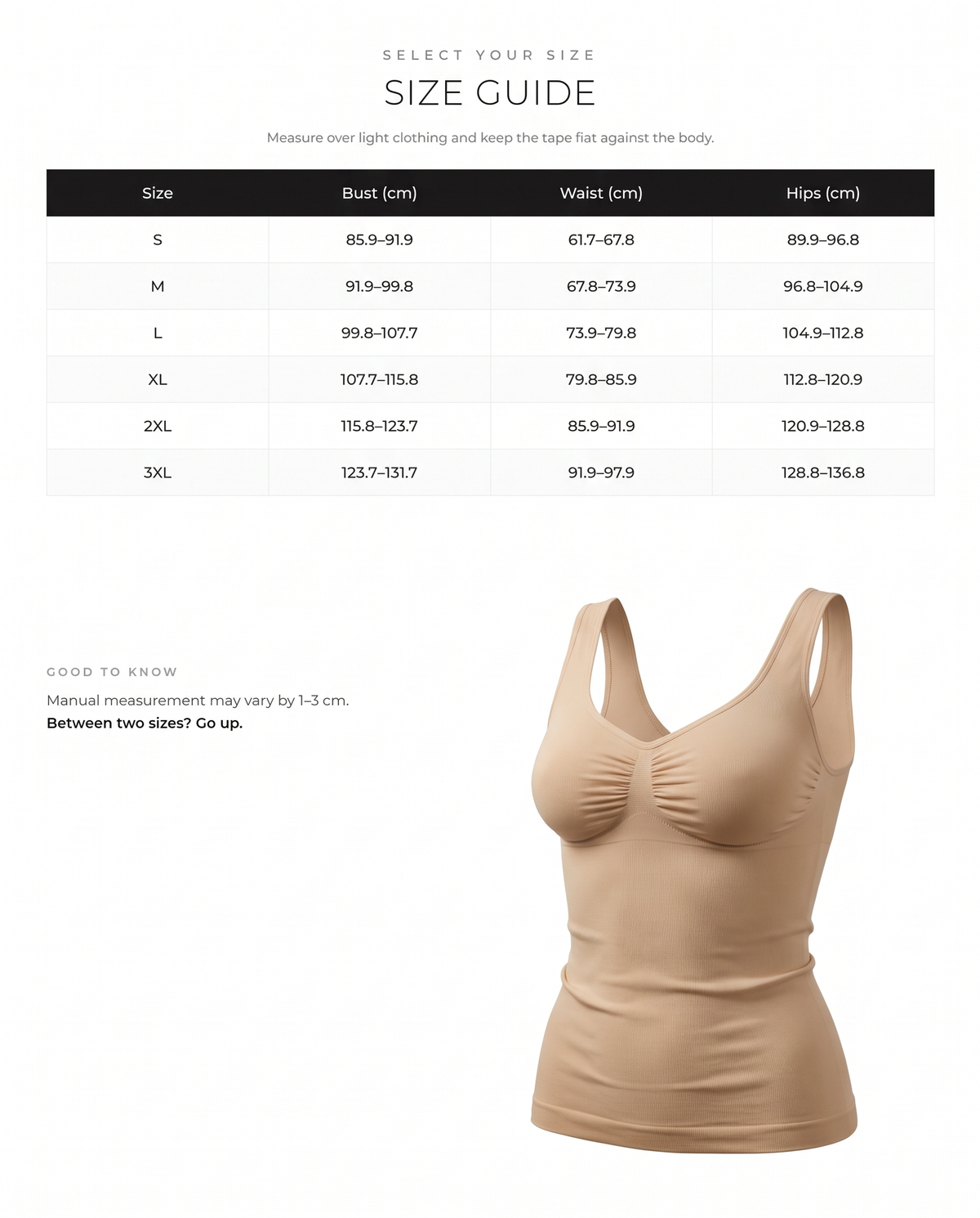 Seamless Bust Support Waist & Abdomen Control Shape Tank Top - FirmaActive size chart