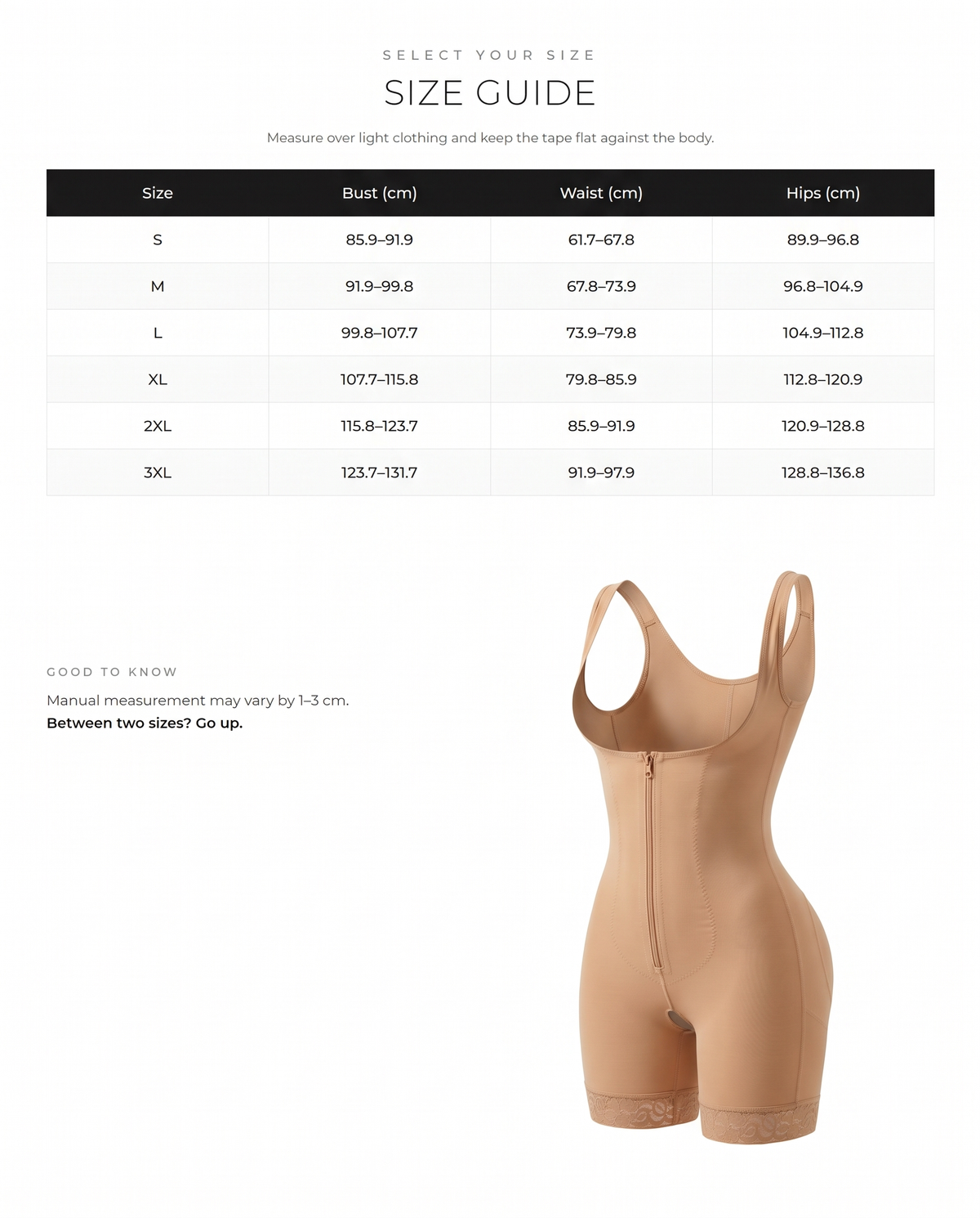 Post Surgery Compression Tummy Control Full Body Shaper With Hook-and-Eye Zipper Closure - FirmaHold size chart