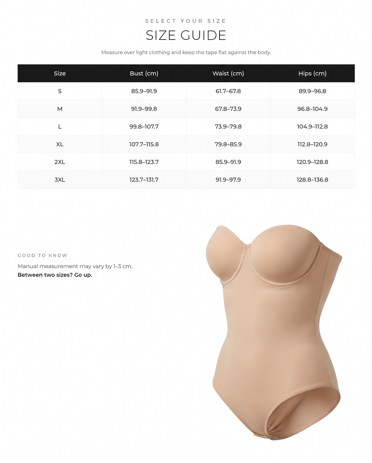 Fancy Cupped Shaping Bodysuit with Underwire Bra - FirmaHold size chart