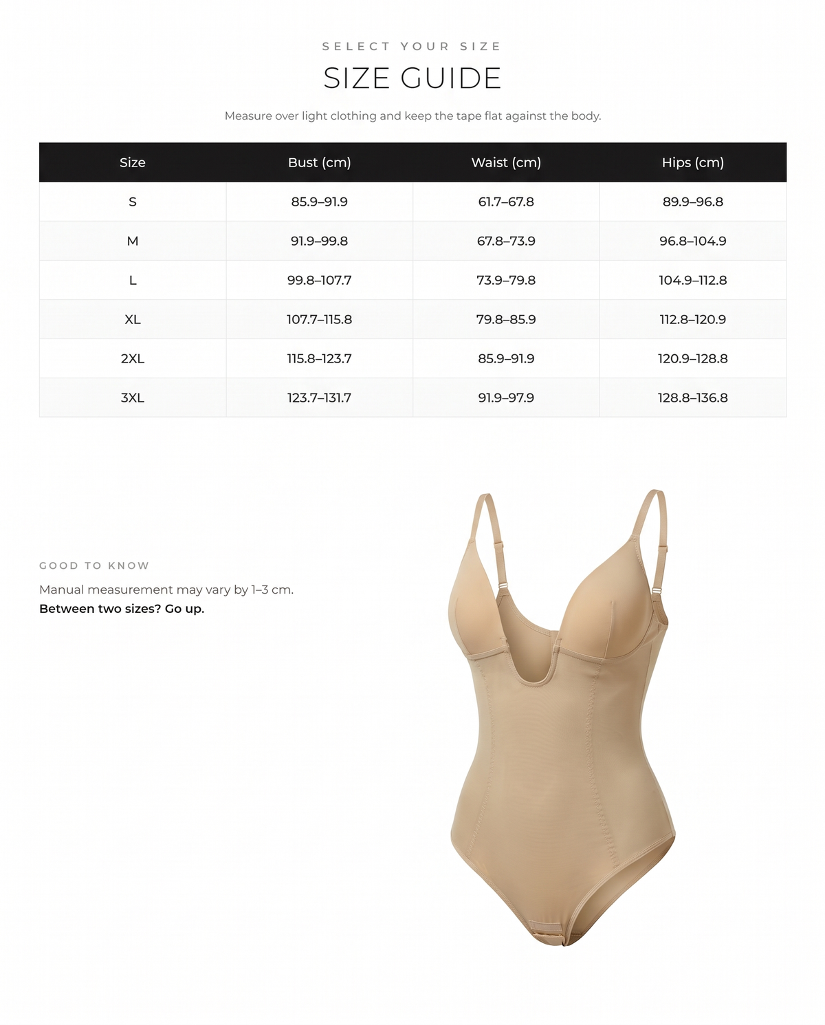 Plunge Low-Back Thong Shapewear Bodysuit with Tummy Control - FirmaLift size chart
