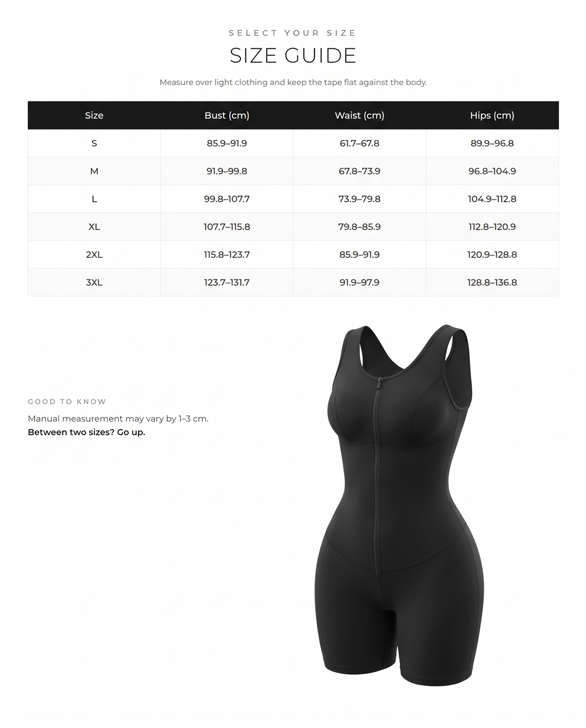 Shaping Jumpsuit with Firm Support and Full Body Compression - FirmaActive size chart