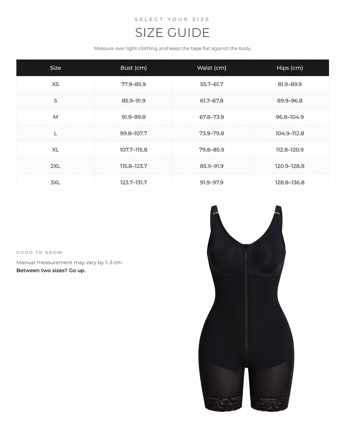 Colombian Tummy Control Butt-Lifting Shaper with Zipper Crotch - FirmaSculpt size chart