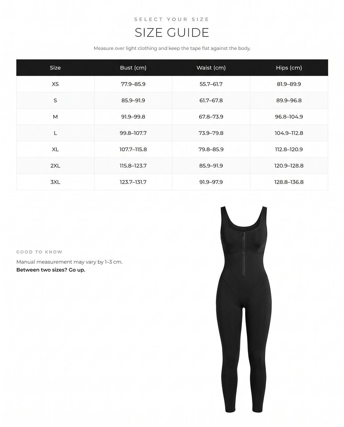 Zip-Front Sports Sauna Shaping Jumpsuit - FirmaActive size chart