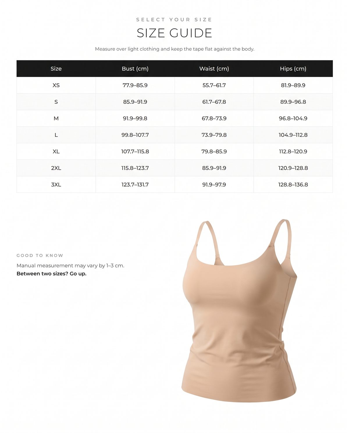 Scoop Neck Light Shaping Top with Anti-Sheer Bust Lining - FirmaSoft size chart