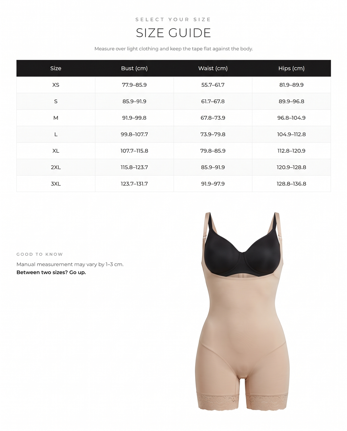 Full-Body Steel Bone Shaping Bodysuit with Bust Support - FirmaSculpt size chart