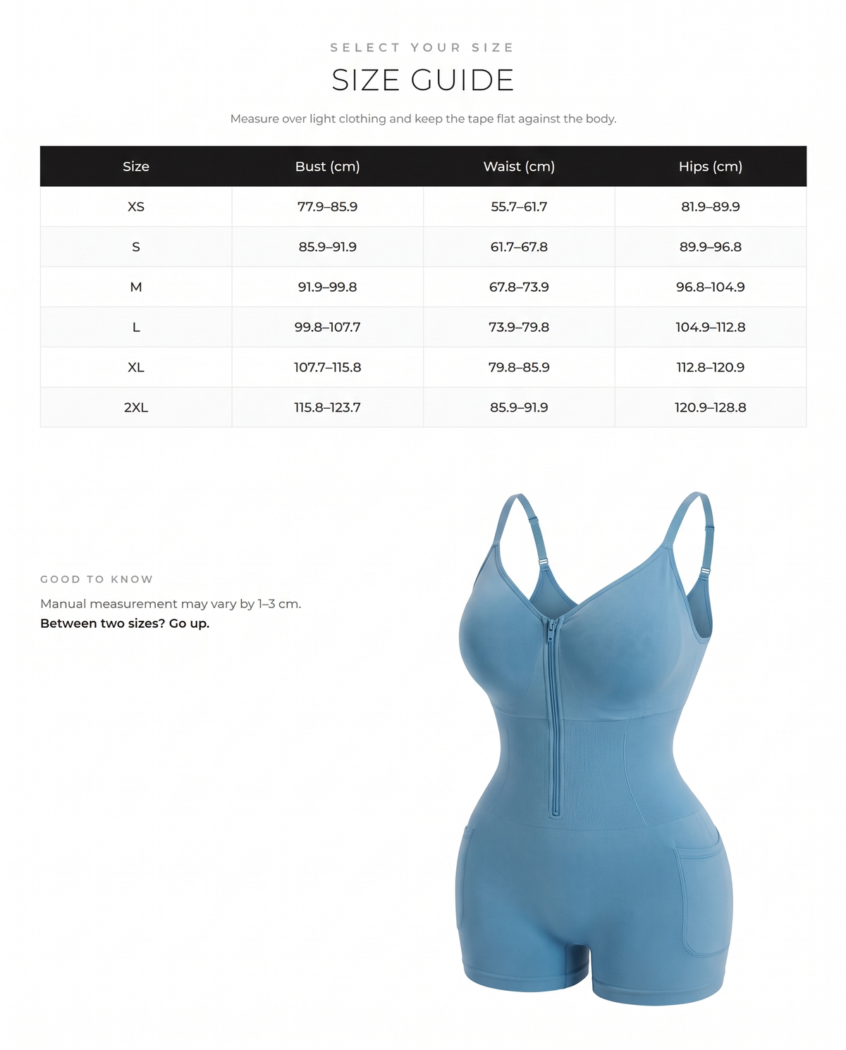 Deep-V Front-Zip Full Body Shaper - FirmaSculpt size chart