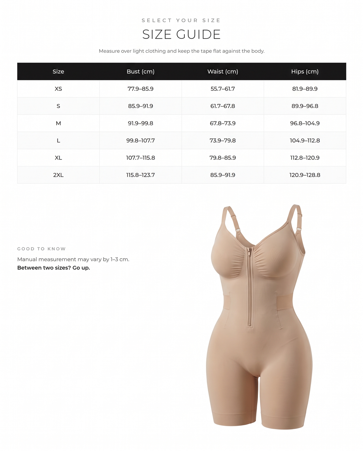 Front-Zip Mid-Thigh Shapewear Bodysuit - FirmaSculpt size chart