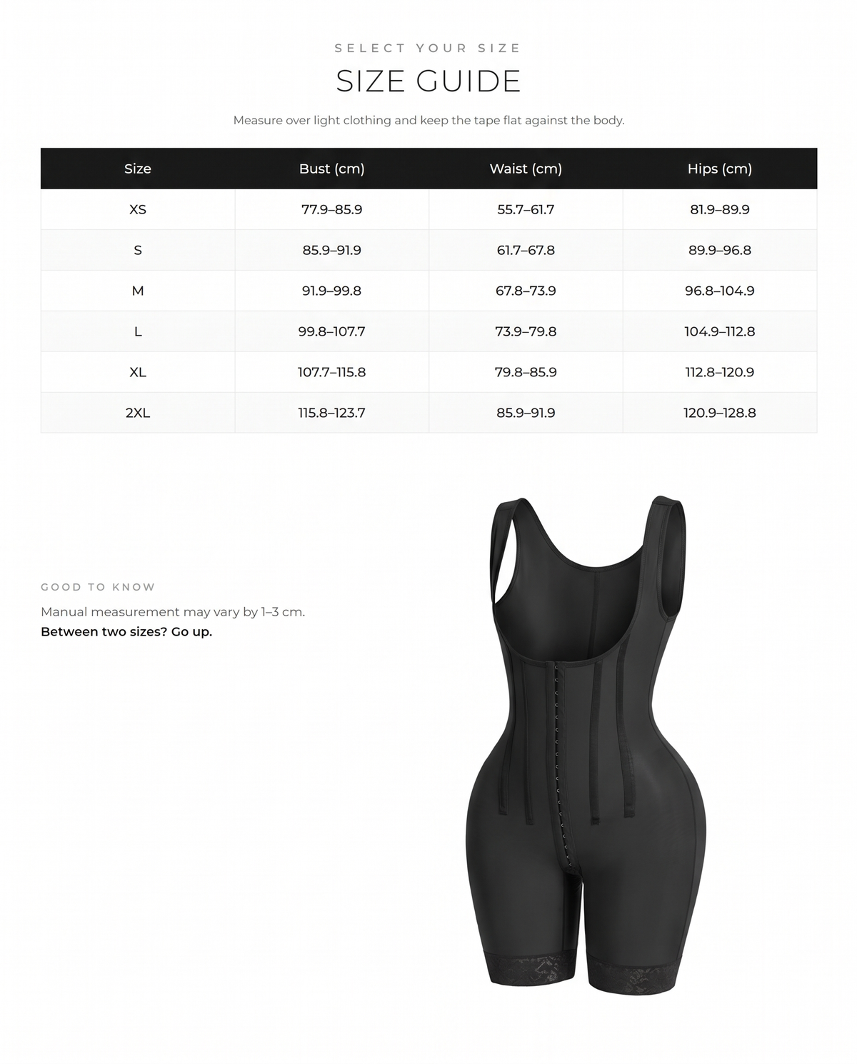 Colombian Shapewear Bodysuit with Bones - FirmaSculpt size chart