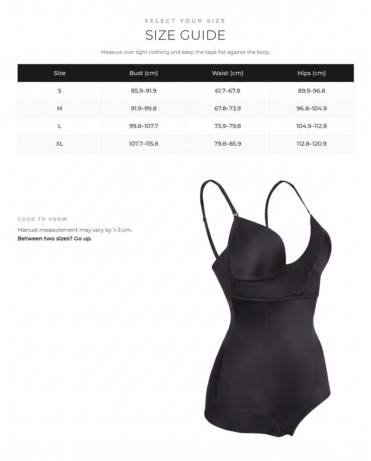 Black Tummy Control Bodysuit Shapewear with Front U Style - FirmaSculpt size chart
