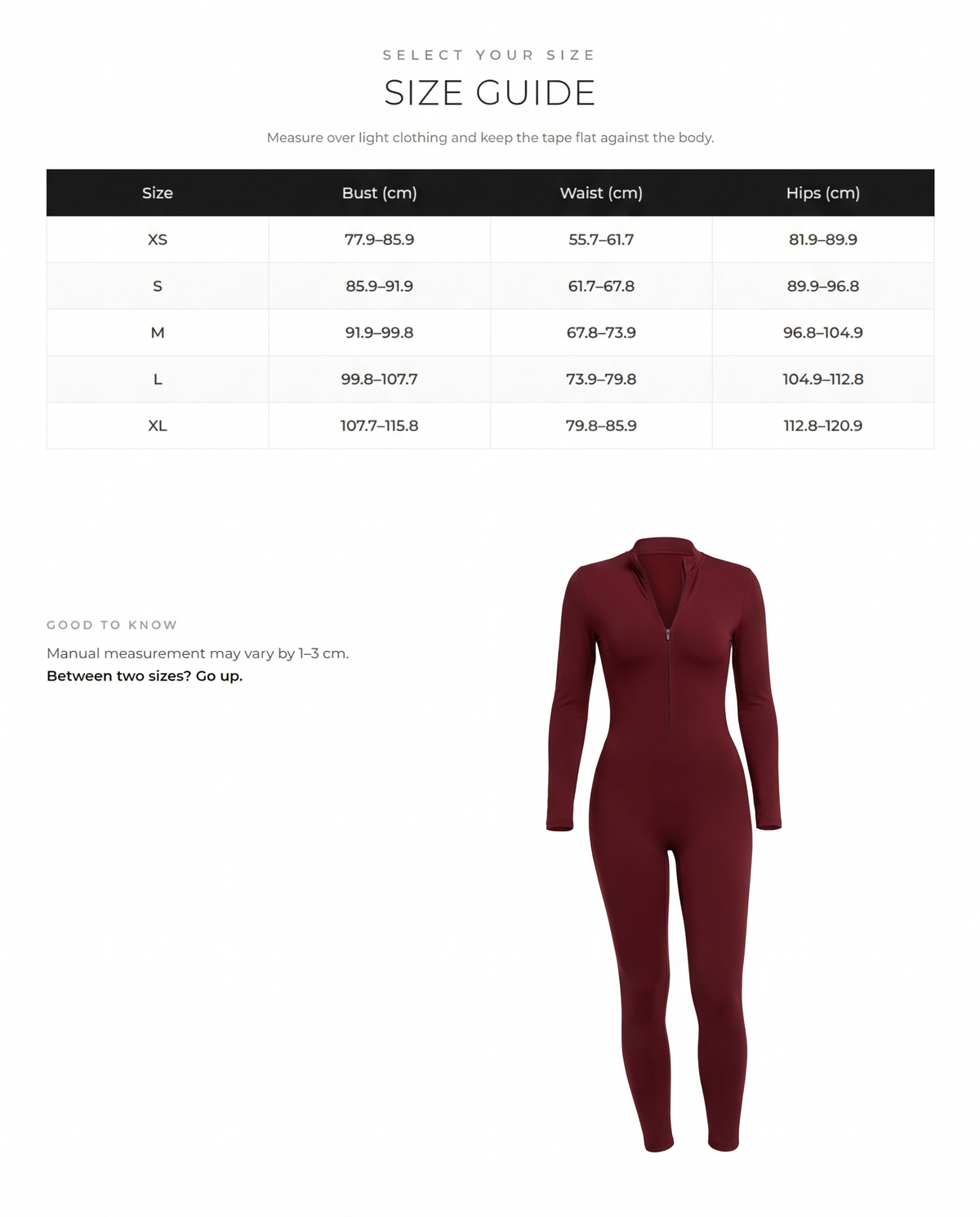 Fleece Slim-Fit Winter Training Jumpsuit - FirmaActive size chart
