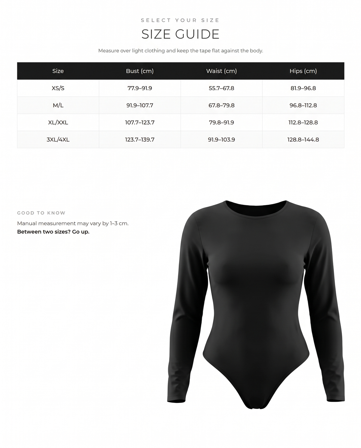 Seamless Long Sleeve Slim Corset Bodysuit Shapewear - FirmaSmooth size chart
