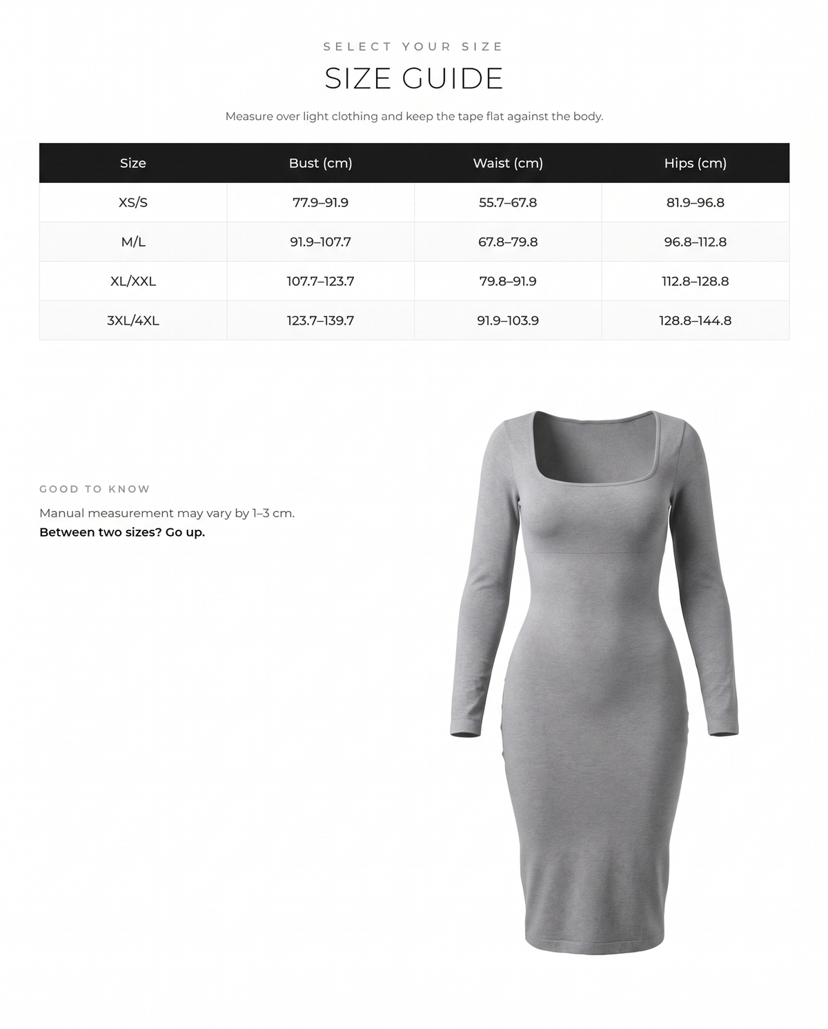 Eco-friendly Seamless Square Neck Long Sleeve Shaper Dress - FirmaSculpt size chart