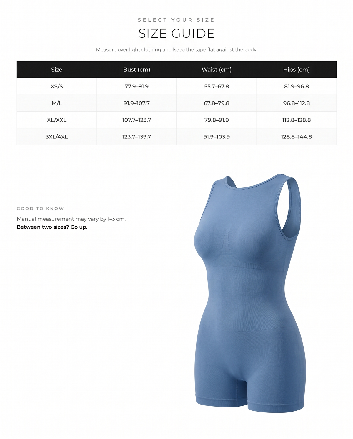Round Neck U-Back Shaping Bodysuit with Removable Cups - FirmaSculpt size chart