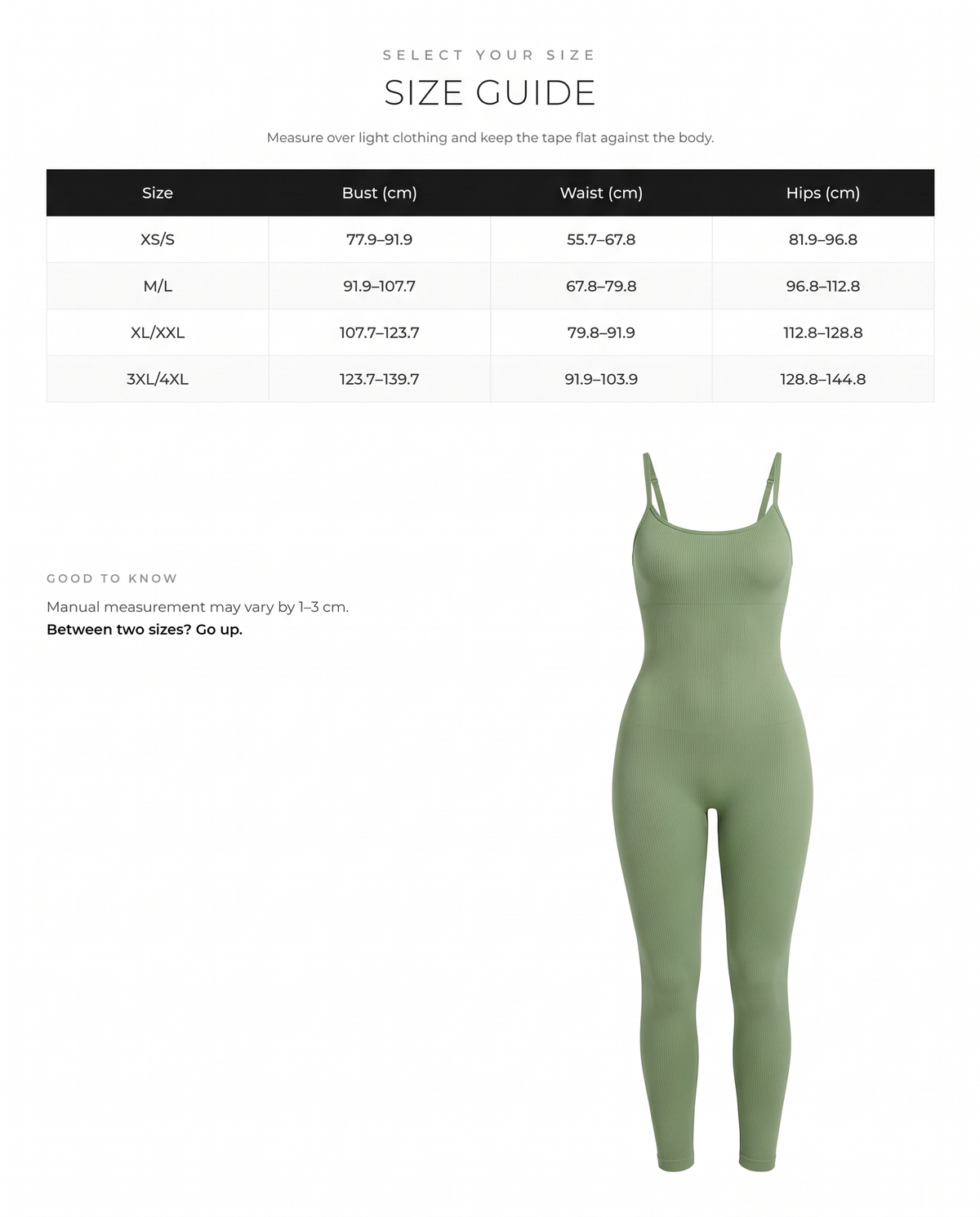 High Stretchy Seamless Tummy Control Shaping Jumpsuit with Removable Cup Pads - FirmaFlex size chart