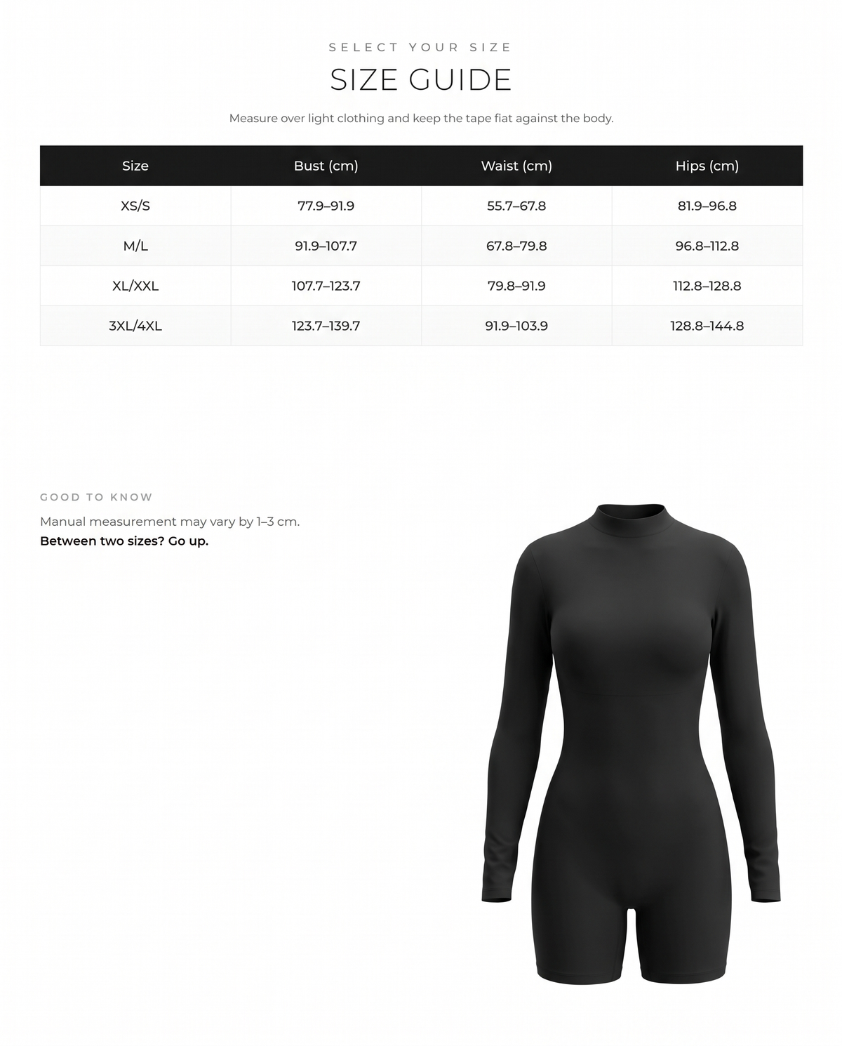 Semi-High Collar Bust Support Shaping Jumpsuit - FirmaSculpt size chart