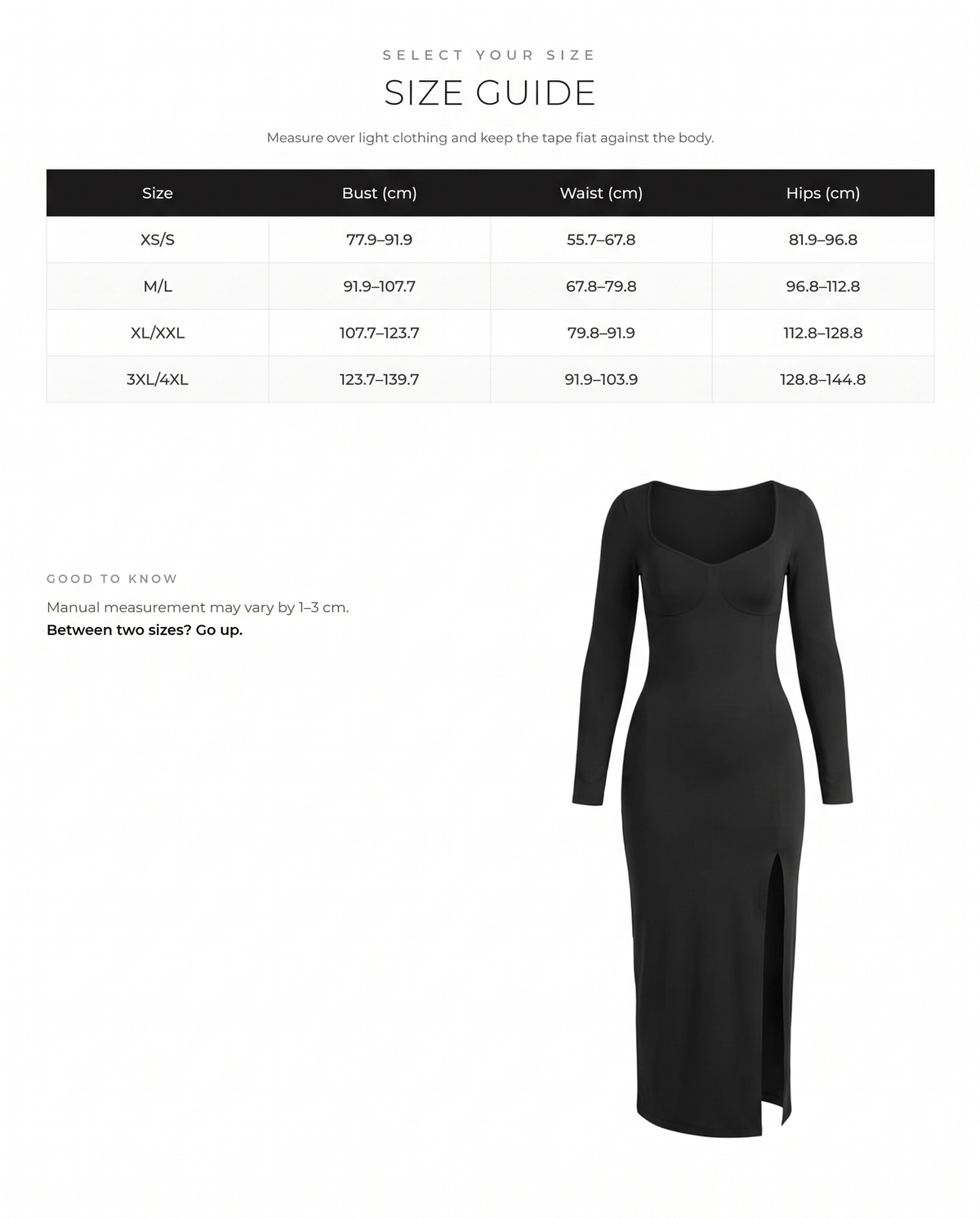 High-Slit Bust Support Shaping Dress - FirmaSculpt size chart