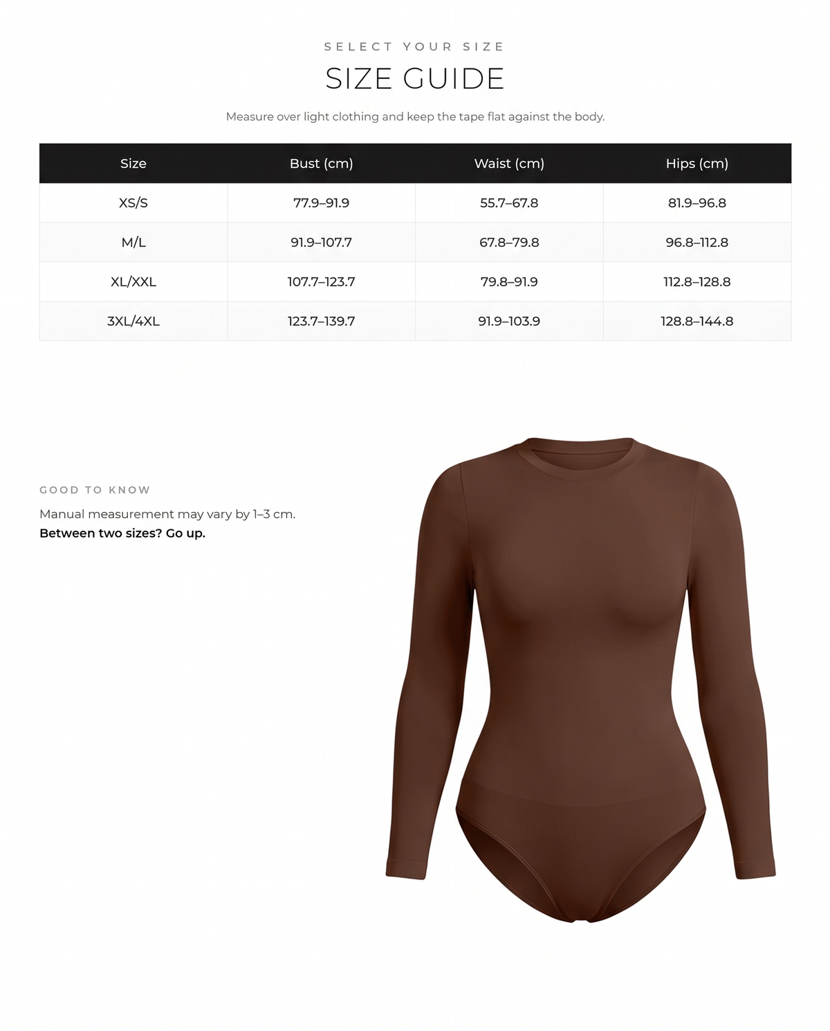 Long-Sleeve Crew Neck Tummy Control Bodysuit - FirmaSculpt size chart