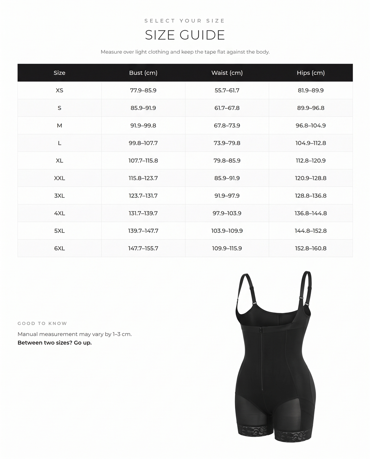 Detachable Straps Full Body Zipper Shapewear with Abdominal Control - FirmaHold size chart