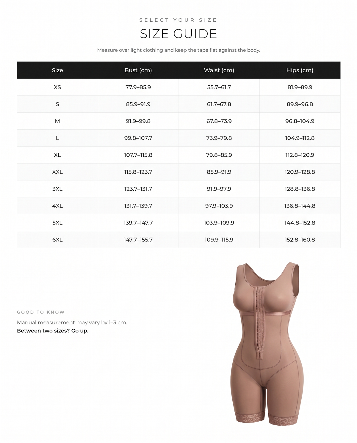 Post-op Chest Wrap Tummy Control Full Body Shapewear - FirmaHold size chart