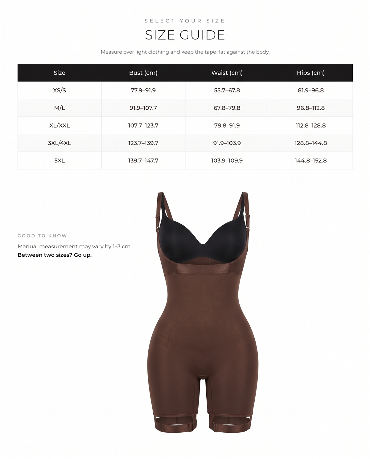 Seamless Black Full Body Shaper with Adjustable Straps - FirmaActive size chart