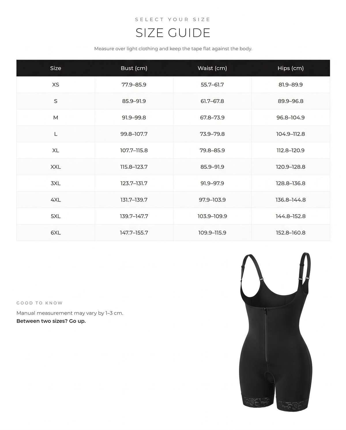 Adjustable Straps Underbust Postsurgical Body Shaper Full Body Faja - FirmaActive size chart