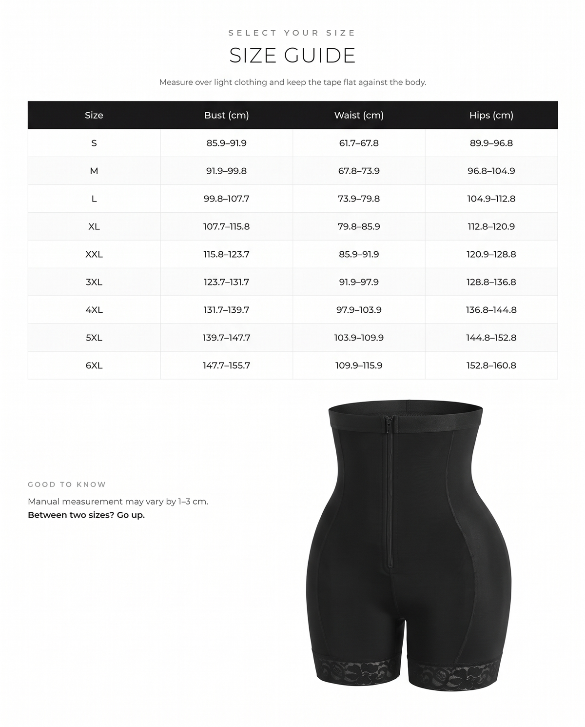 High-Waist Butt Lifter Body Shaper with Removable Hip Pads - FirmaLift size chart