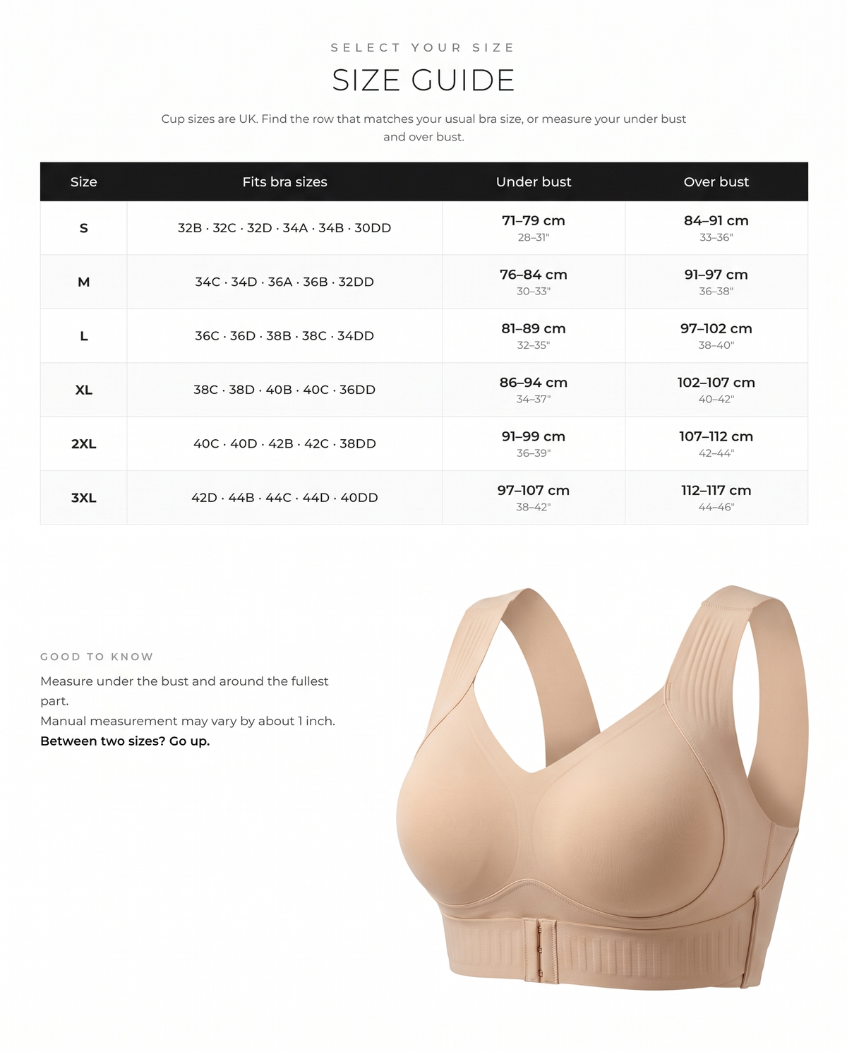 Posture Support Wireless Sports Bra - FirmaActive size guide