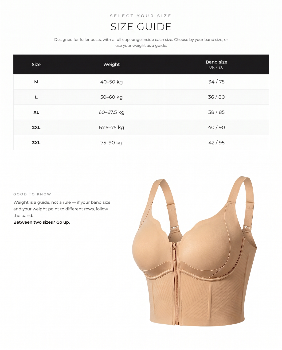 Zip-Front Longline Shaping Bra for Fuller Busts - FirmaSmooth size guide