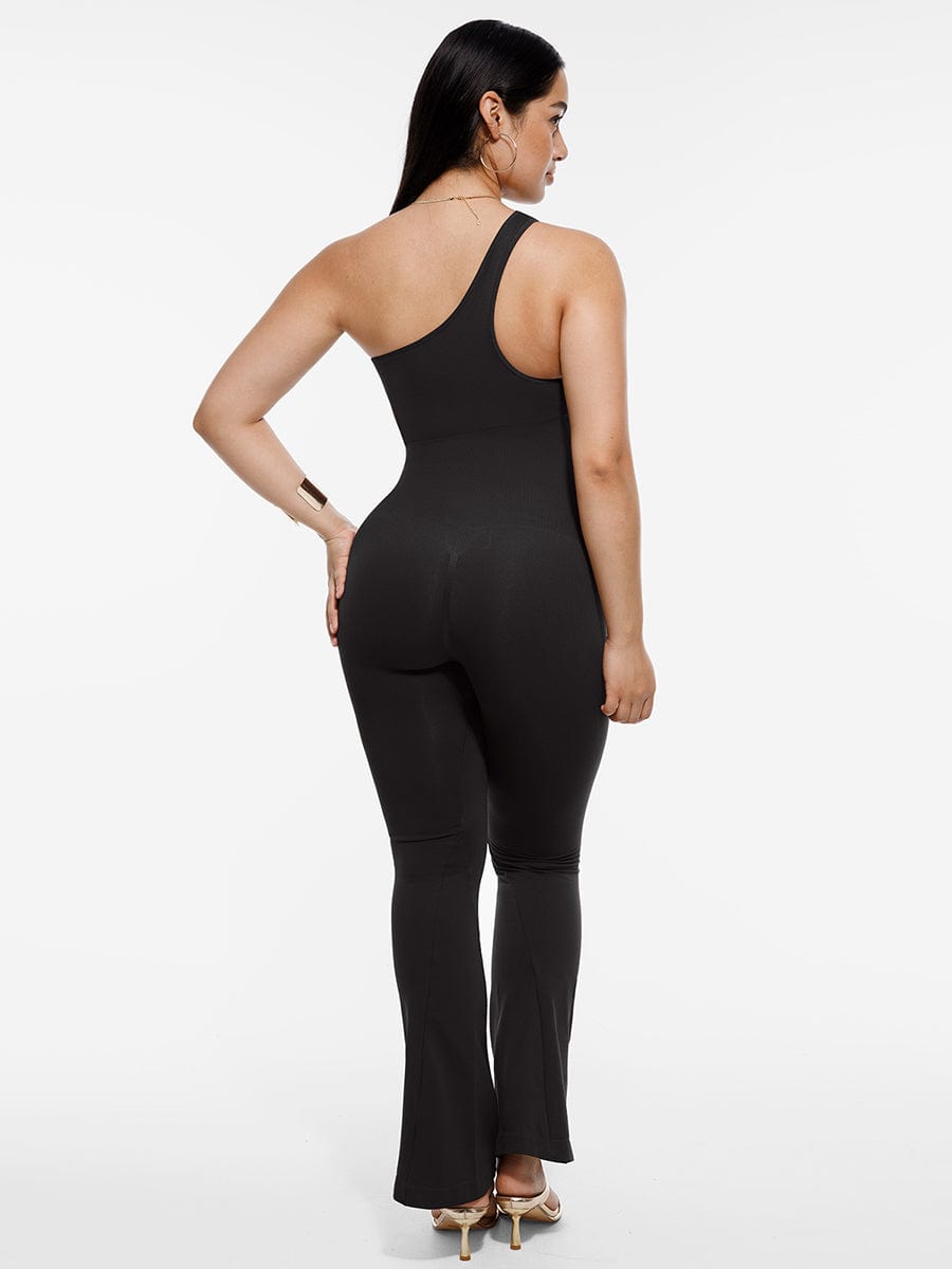 Sloped-Shoulder Flared-Leg Shaping Jumpsuit - FirmaSculpt